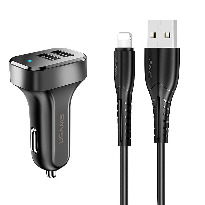 Автомобильное зарядное устройство Usams C13 2.1A Dual USB/U35 Lightning cable 1 м Черный (00000036189_1)