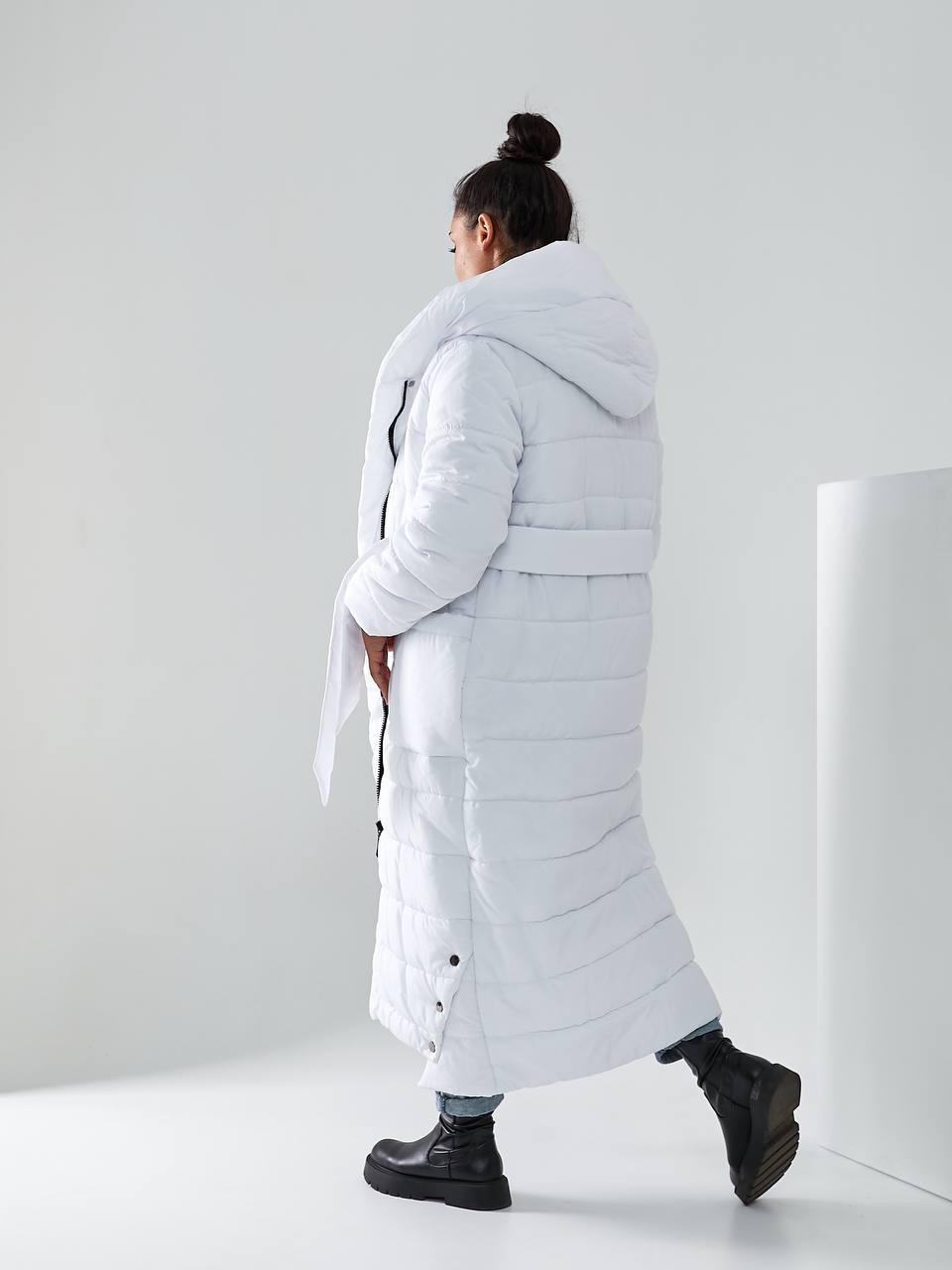 Пуховик длинный Aiza на поясе кнопках молнии и с капюшоном А032 р. 54-56 Белый - фото 2