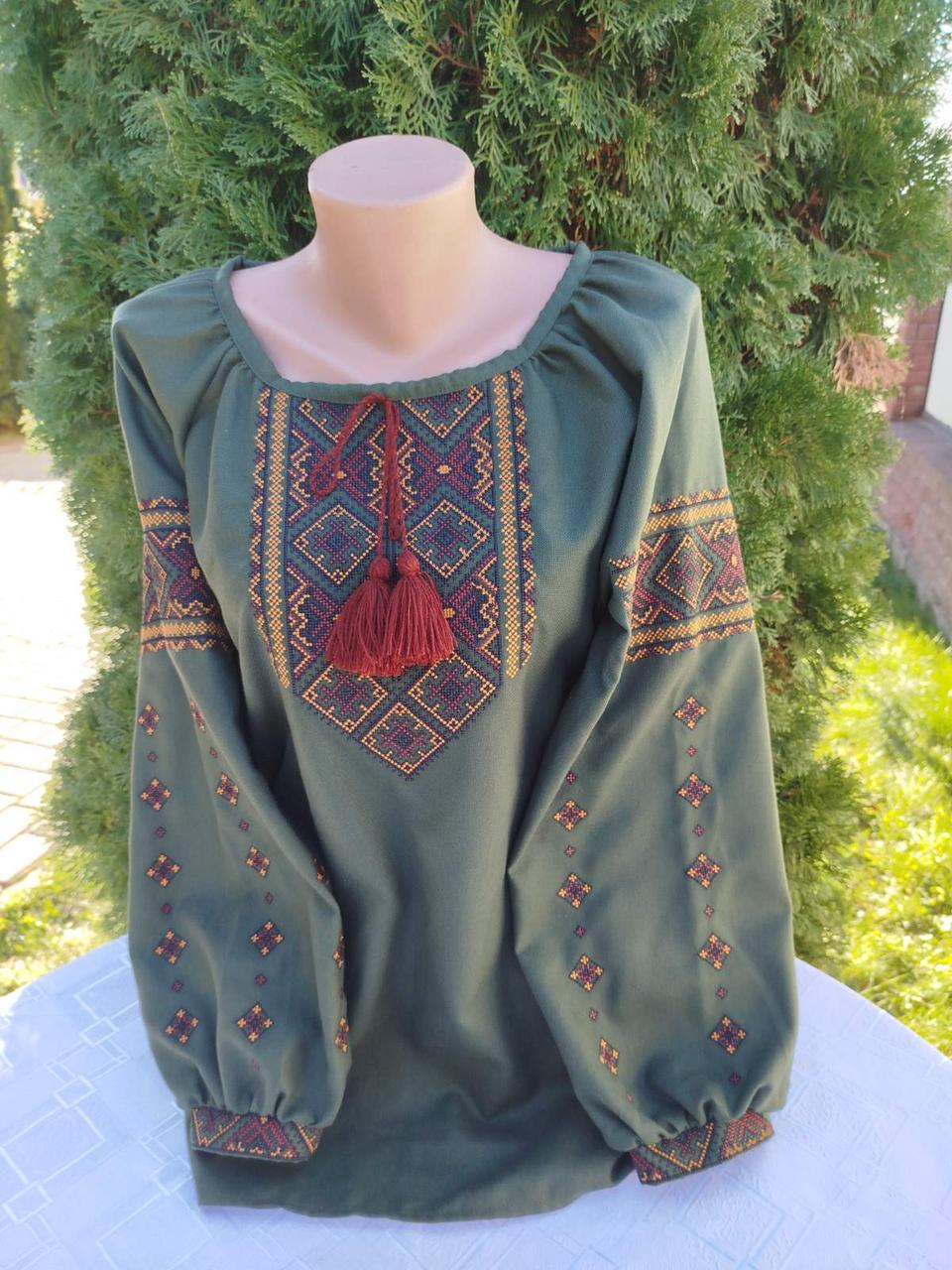 Вишиванка жіноча Гуцульський узір натуральному домотканому полотні р. 54 Зелений/Жовтий/Черний (2411610459)