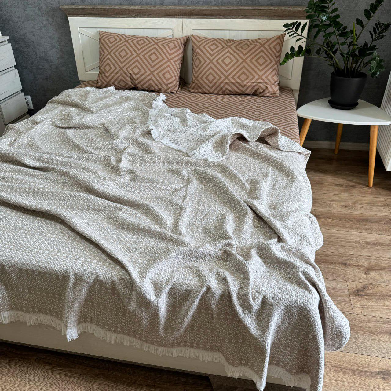 Покривало-плед Орнамент бавовняне євро 200х230 см Бежевий (18219307)