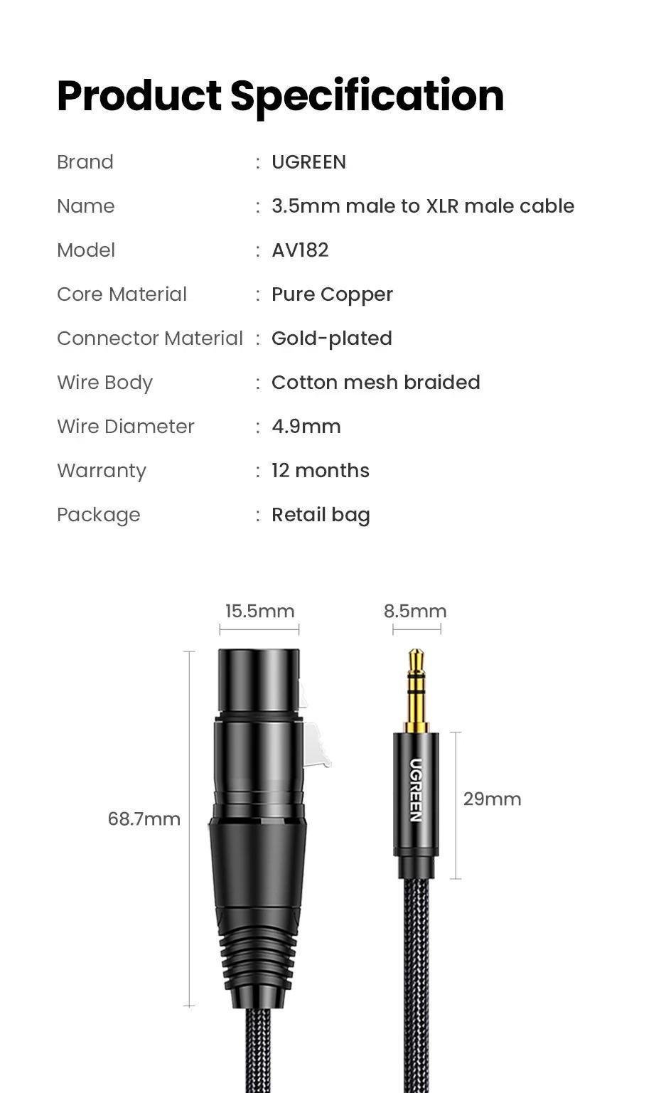 Кабель UGREEN XLR мама-3.5 мм minijack папа аудио нейлоновая оплетка для микшера 1 м Черный (20763) - фото 10 Кабель UGREEN XLR мама-3.5 мм minijack папа аудио нейлоновая оплетка для микшера 1 м Черный (20763) - фото 10