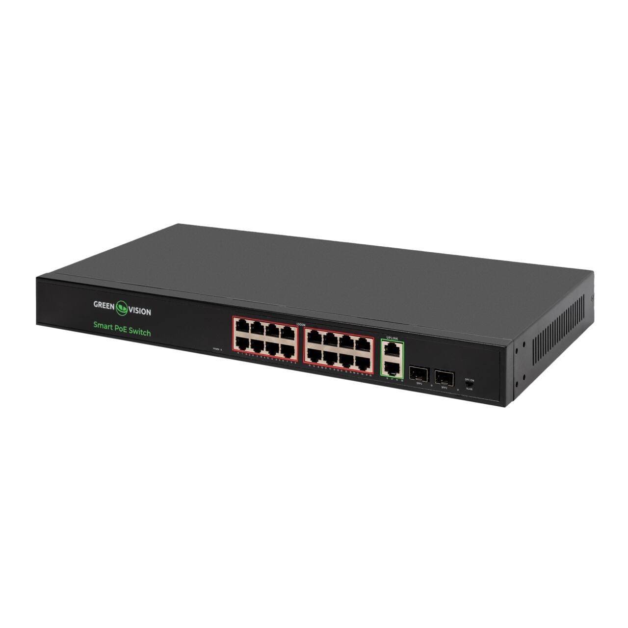 Комутатор GreenVision GV-022-D-16G+2PG+2SFP 16FE PoE+ 2GE Uplink 2SFP Black (33088481)