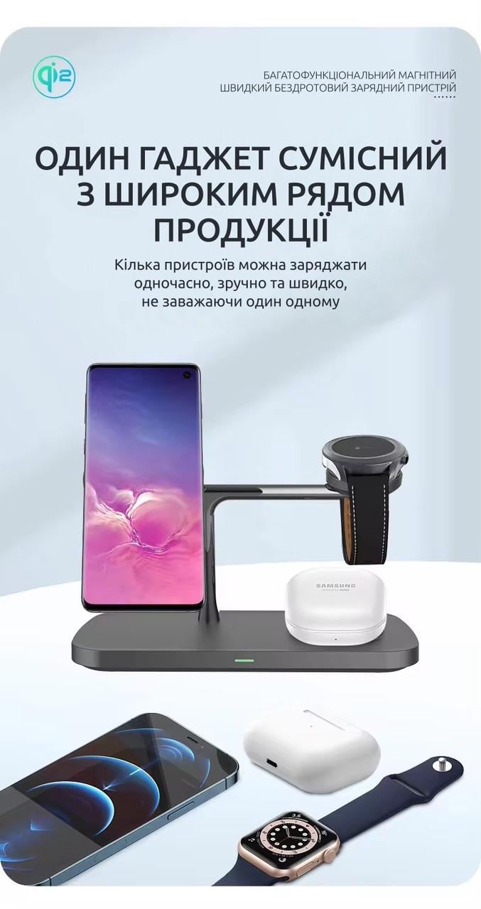 Док-станция беспроводная QINETIQ Qi2 3в1 Magsafe T255 25W для Iphone Apple watch Samsung Galaxy watch (2320804876) - фото 7