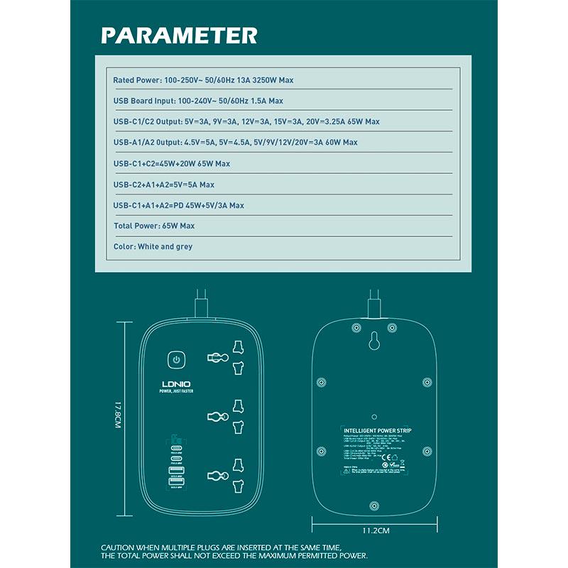 Подовжувач мережний Ldnio SC3416 3 Sockets USB Type-C 65W White - фото 8