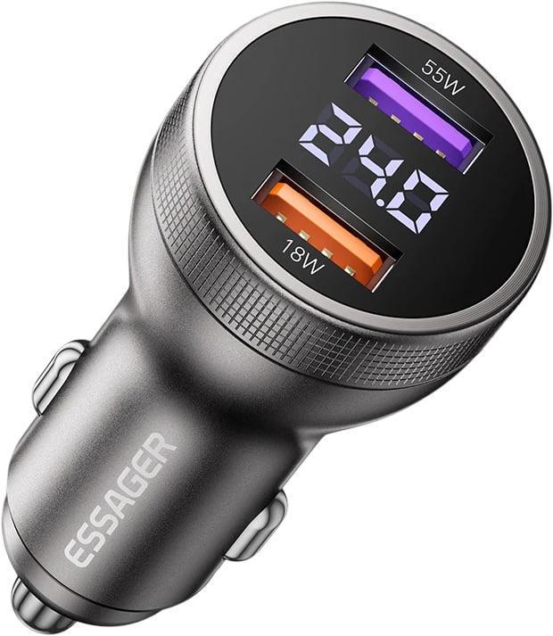 Зарядное устройство автомобильное ESSAGER ES-CC18 73Wmax PPS PD3.0 QC3.0 1A/1C Power Display Grey (43710)