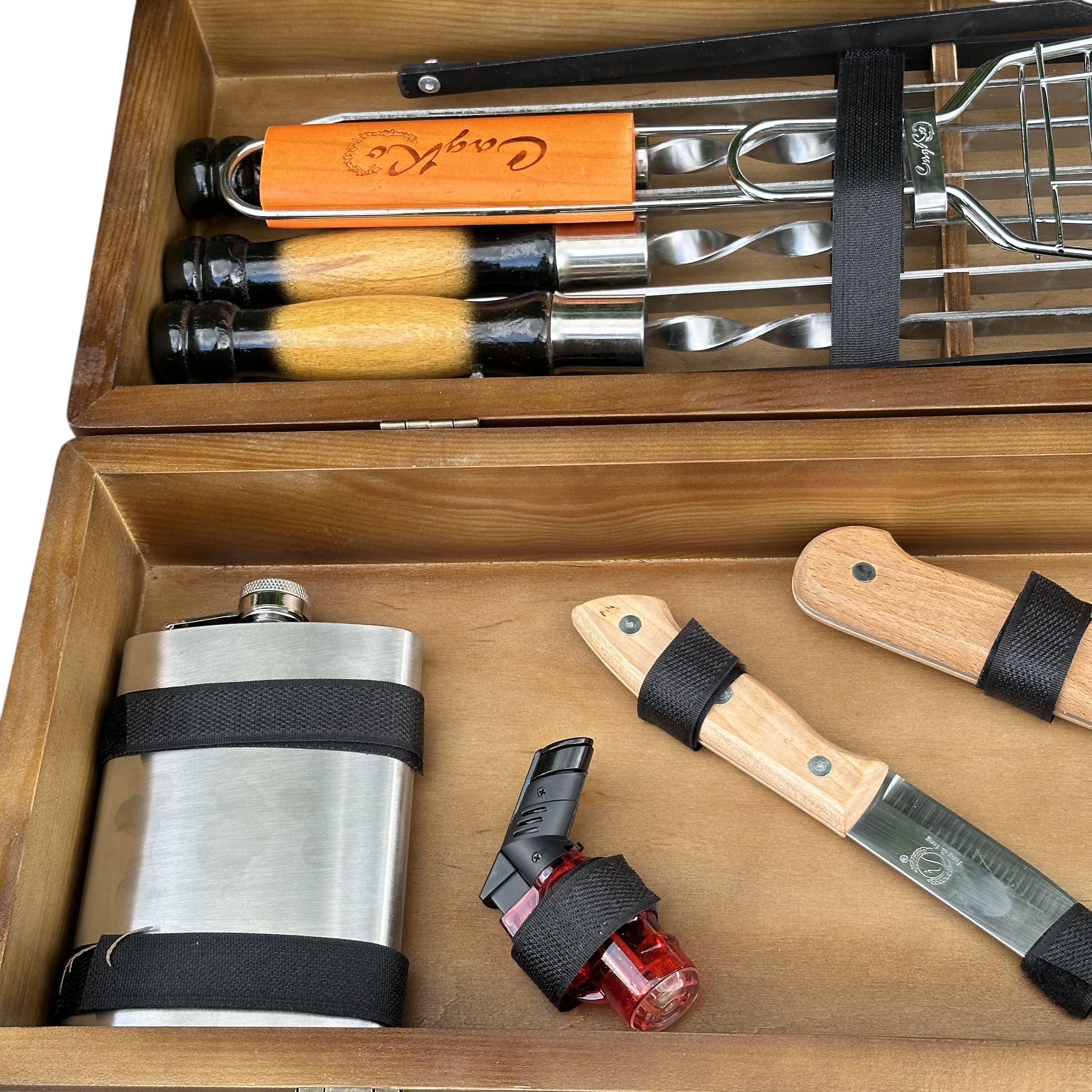 Подарунковий набір шампурів Mzavod Майстер BBQ із нержавіючої сталі в дерев’яному кейсі 720x120x210 мм 20 пр. (136-17-1190210000811) - фото 7