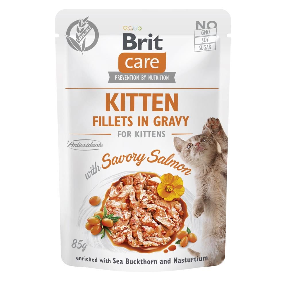 Корм влажный Brit Fillets in Gravy Savory Salmon Kitten для котят филе в соусе с лососем 85 г (34806813)