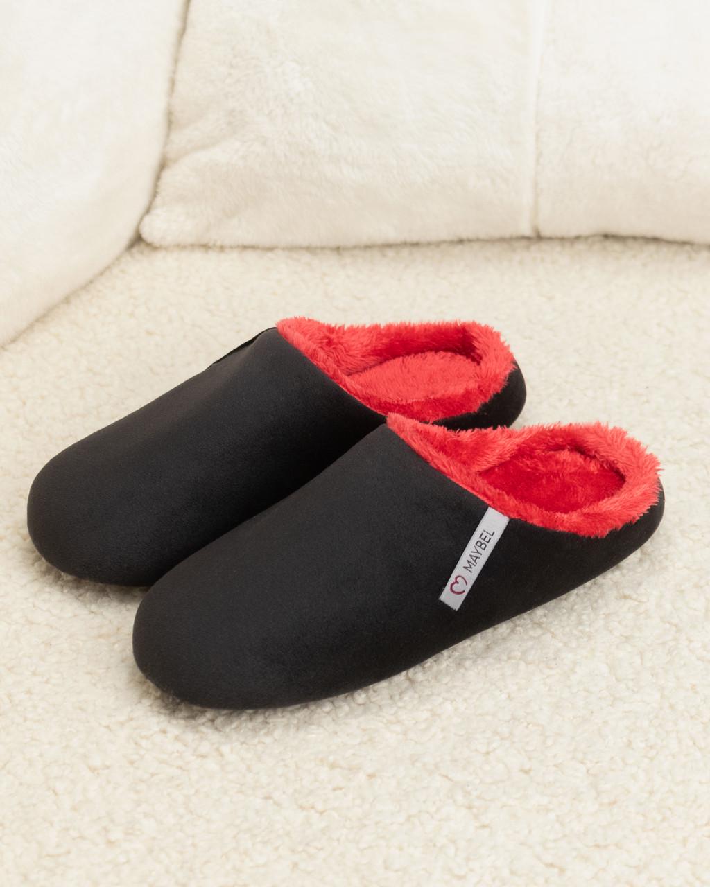 Тапочки домашние велюровые утепленные закрытые Черный/Красный (2133870663)