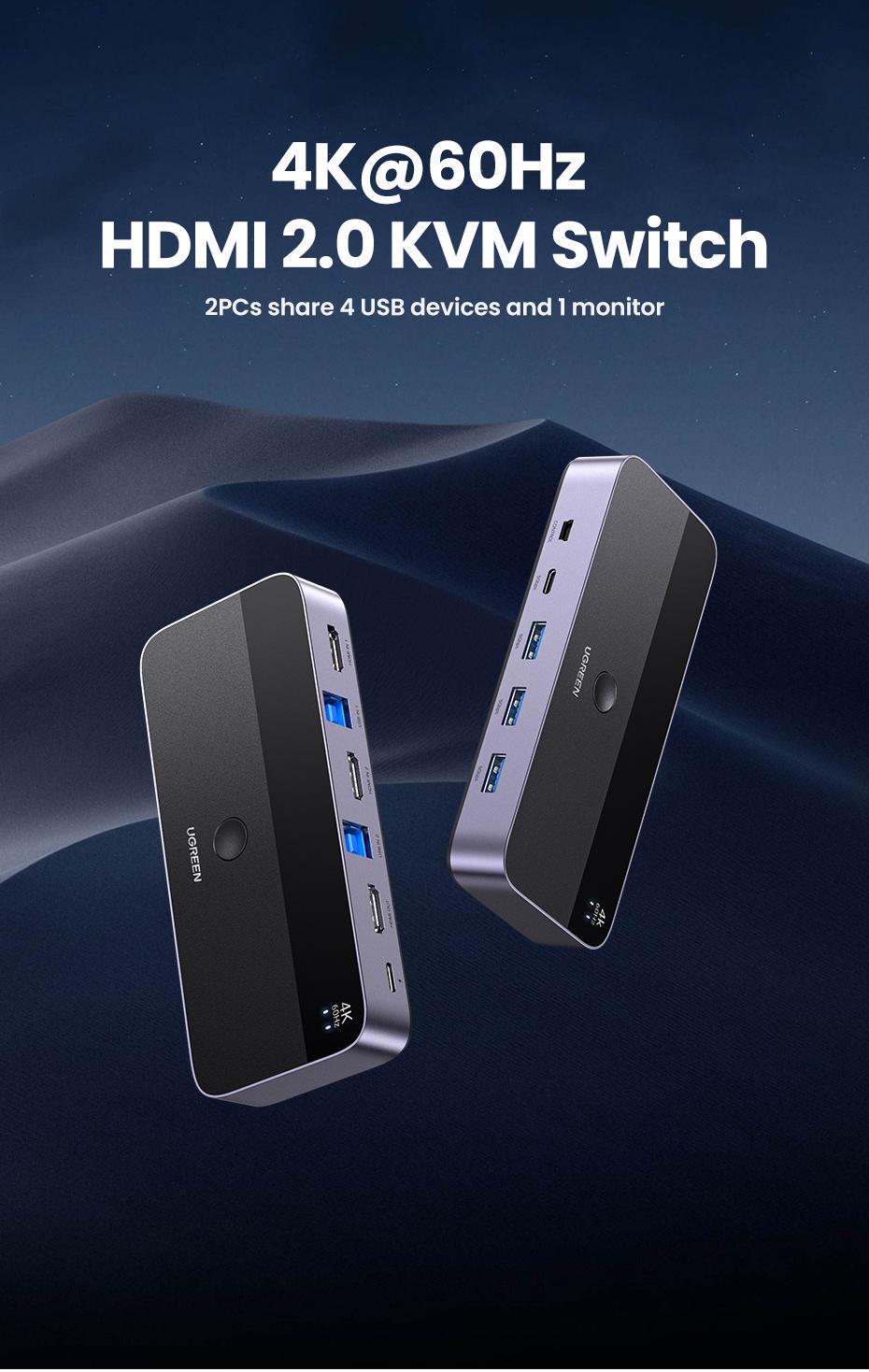 Перемикач KVM HDMI Ugreen на 2 комп'ютери 4K 60Hz USB 2.0 (15707) - фото 2