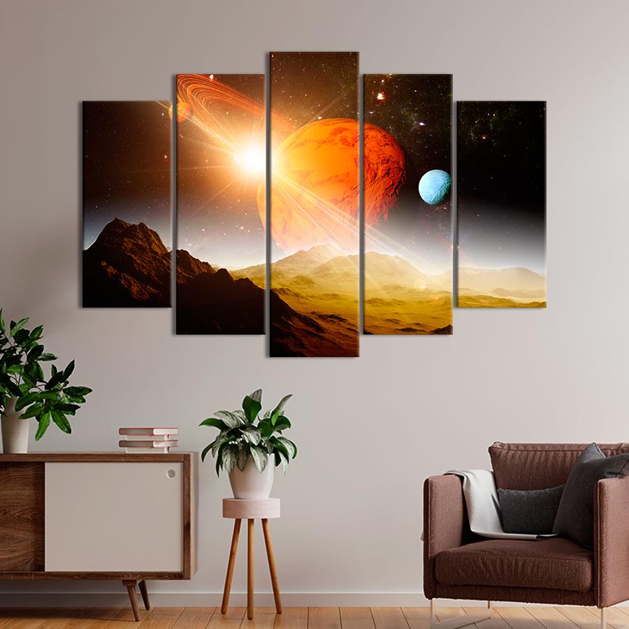 Картина на холсте Планета с кольцами и спутниками 137x85 см (V199-5_L)