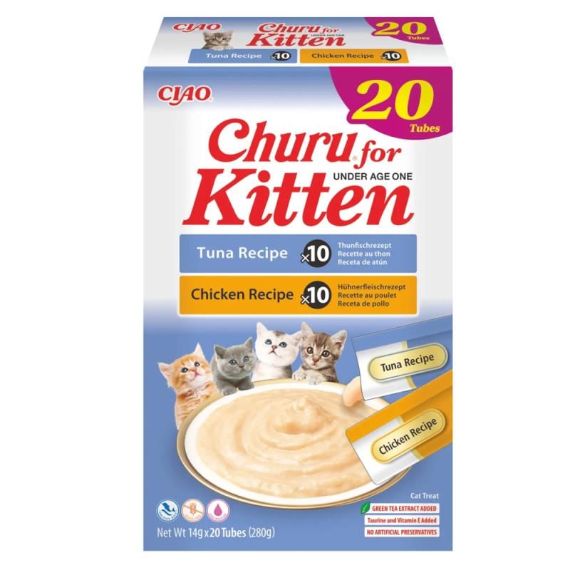 Ласощі для кошенят INABA CIAO Churu for Kitten Вершковий мус в стіках Різновиди з куркою та тунцем 20 шт. (3189952109)