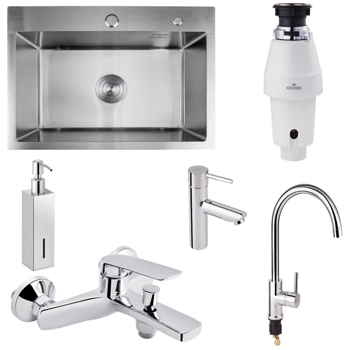 Мойка Kroner 5843 смеситель с подключением/смеситель в ванну/смеситель для умывальника/дозатор Qtap и измельчитель Kroner KRP Kaiman WHI-375W