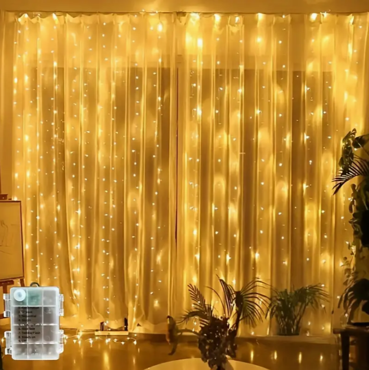 Штора світлодіодна 200 LED на батарейках 8 режимів 2x2 м Білий тепле світло (1133/2)