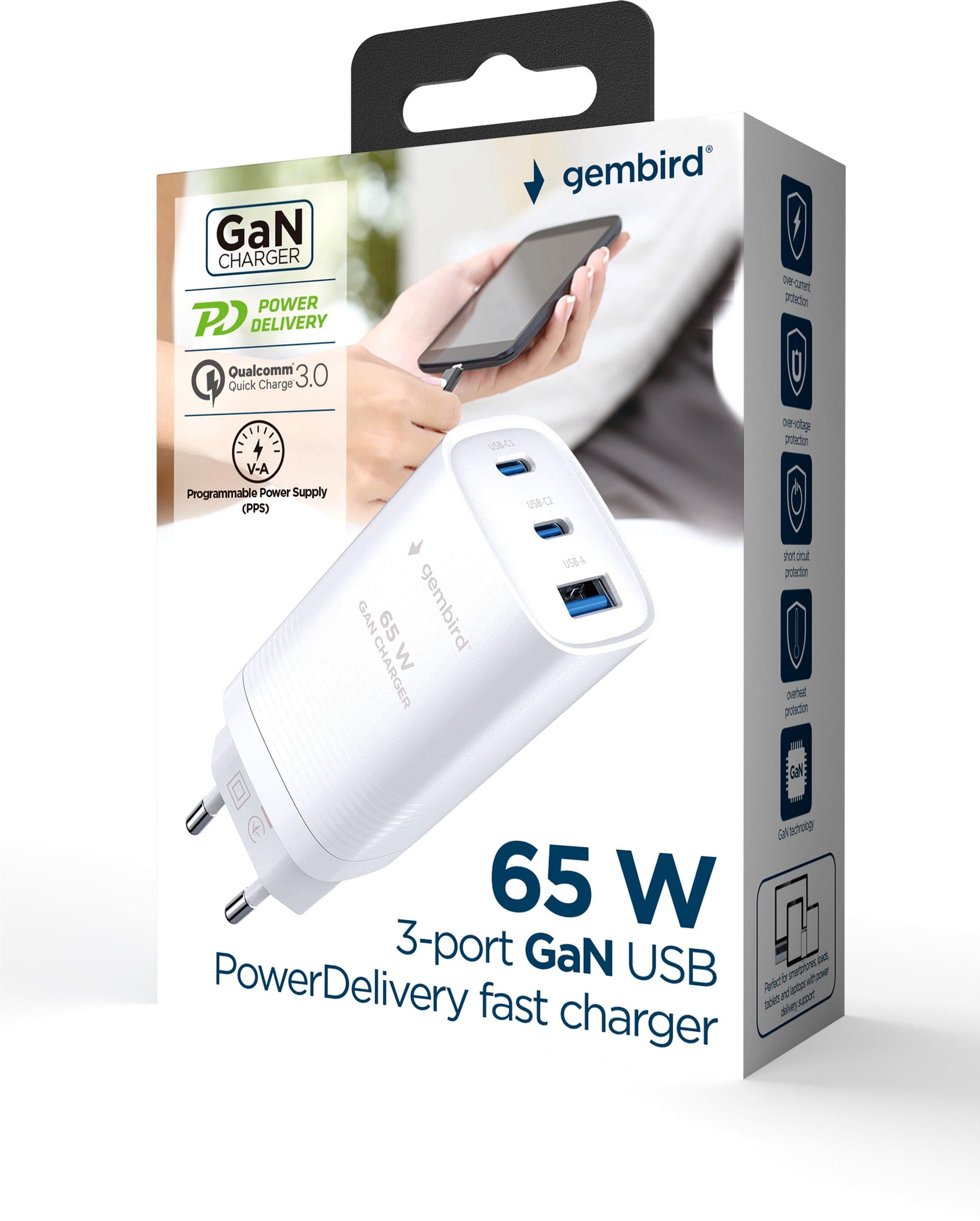 Зарядний пристрій мережевий Gembird TA-UC-PDQC65-01-W USB Type A/USB Type C 65 Вт Білий (28100590) - фото 2 Зарядний пристрій мережевий Gembird TA-UC-PDQC65-01-W USB Type A/USB Type C 65 Вт Білий (28100590) - фото 2