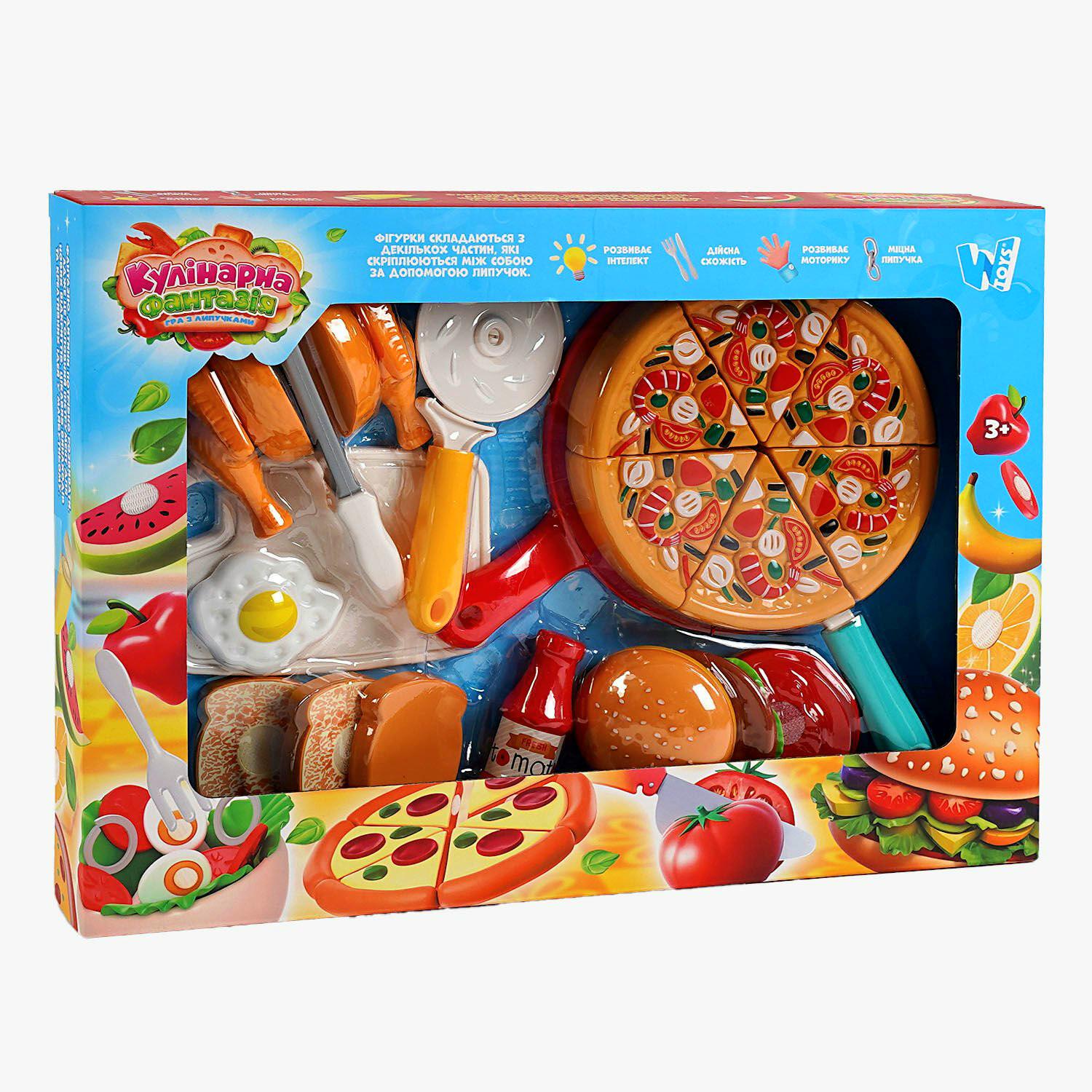Ігровий набір WToys 10455 Продукти на липучці піца/курка/тости/гамбургер/прибори (4318)