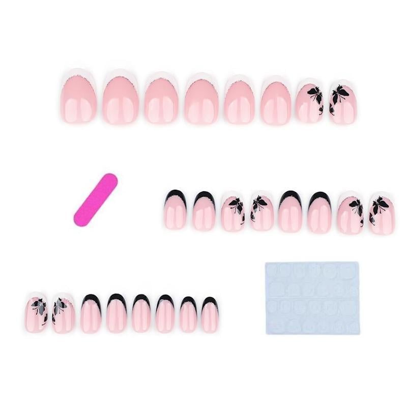 Накладні нігті короткі френч Метелики овальна форма з клейовими пластинами 24 шт. Білий із чорним (2789190706)