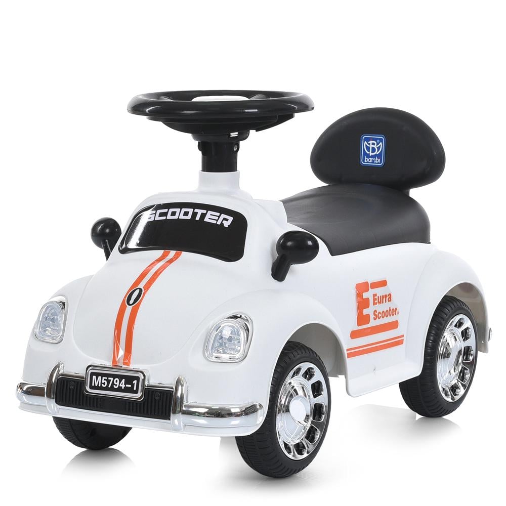 Каталка-толокар M 5794-1 с музыкальными и световыми эффектами устойчивая с багажником Белый (27304001)