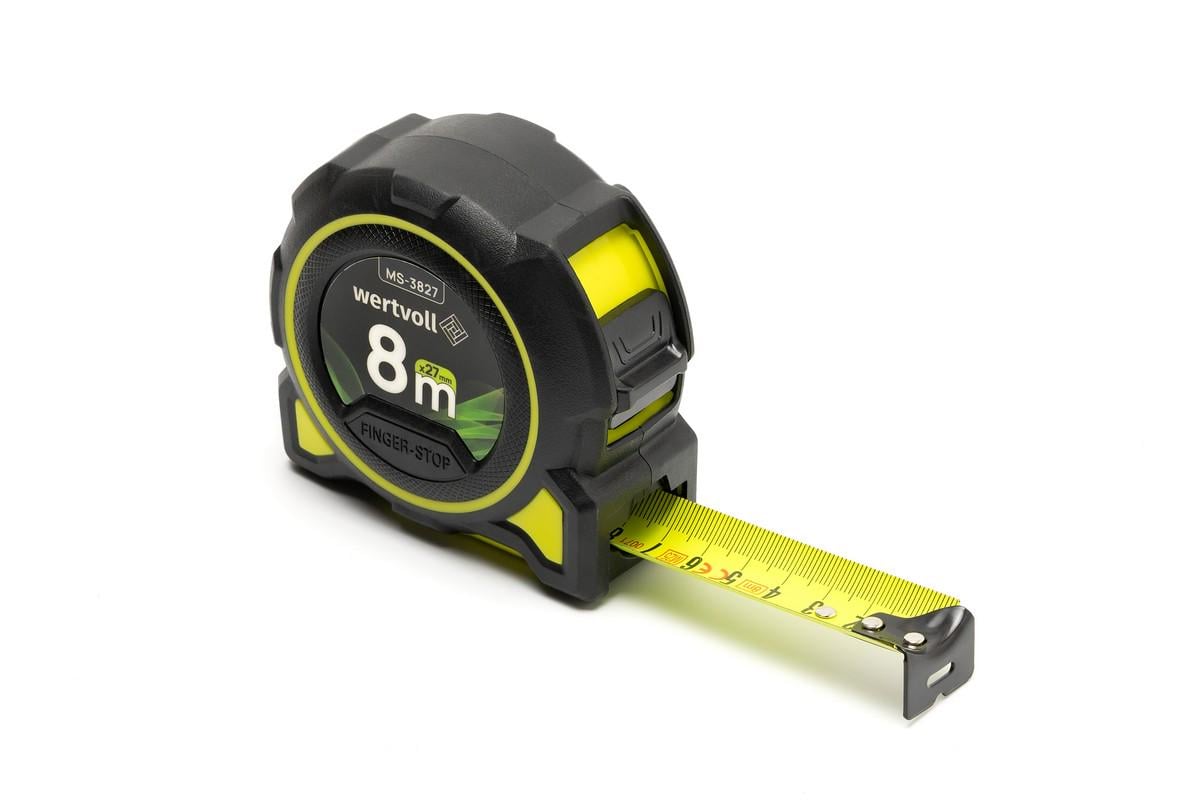 Рулетка WERTVOLL фиксатор полотна кнопка STOP покрытие TPR нейлоновое покрытие противоскользящий крючок 8 м х27 мм (MS-3827)