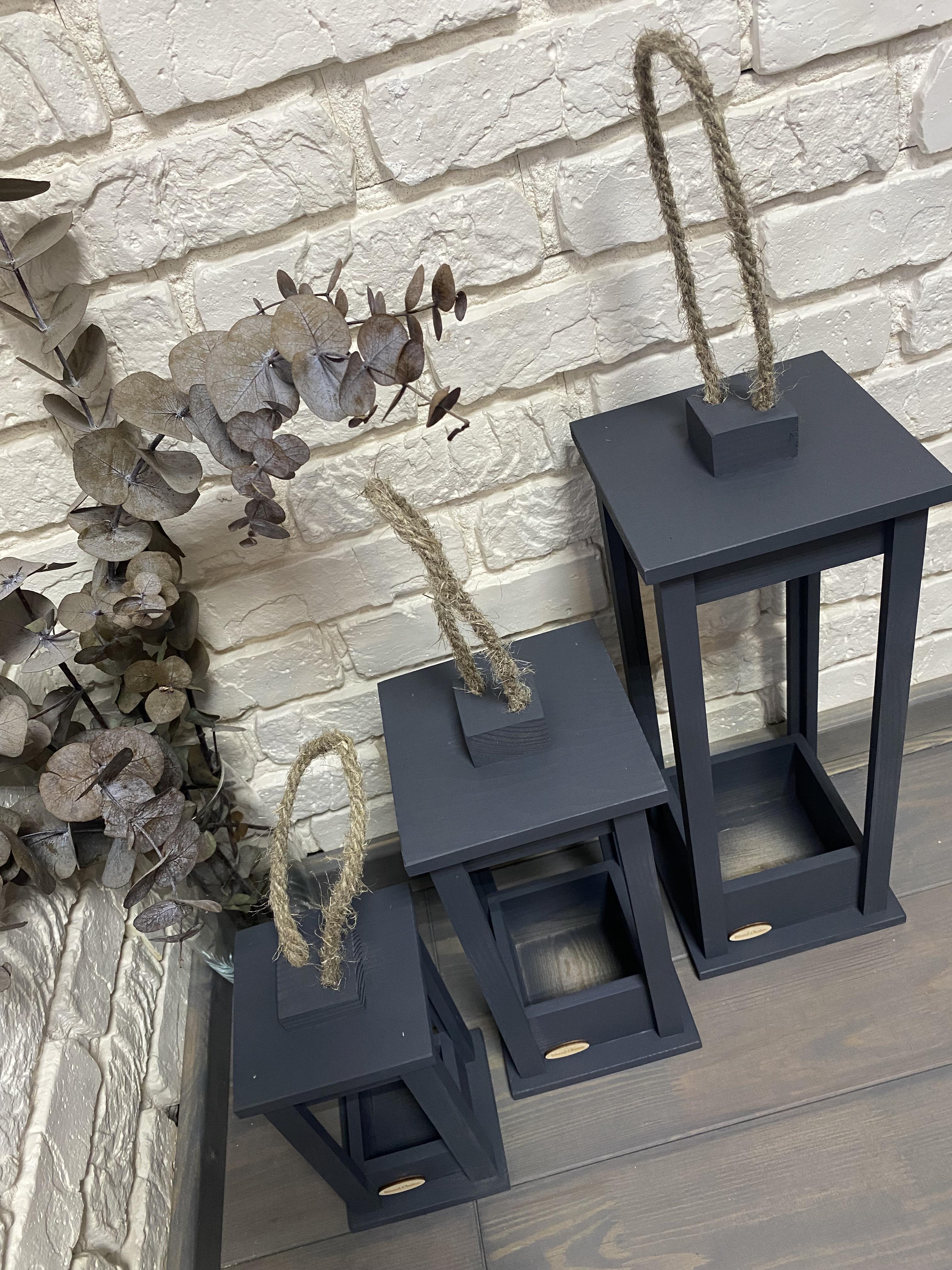 Набор подсвечников деревянные Фонари 25/35/45 см Серый - фото 3