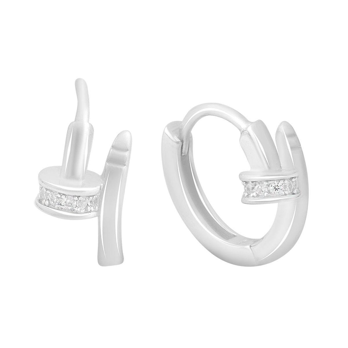 Серебряные серьги-кольца с изогнутым элементом и фианитами