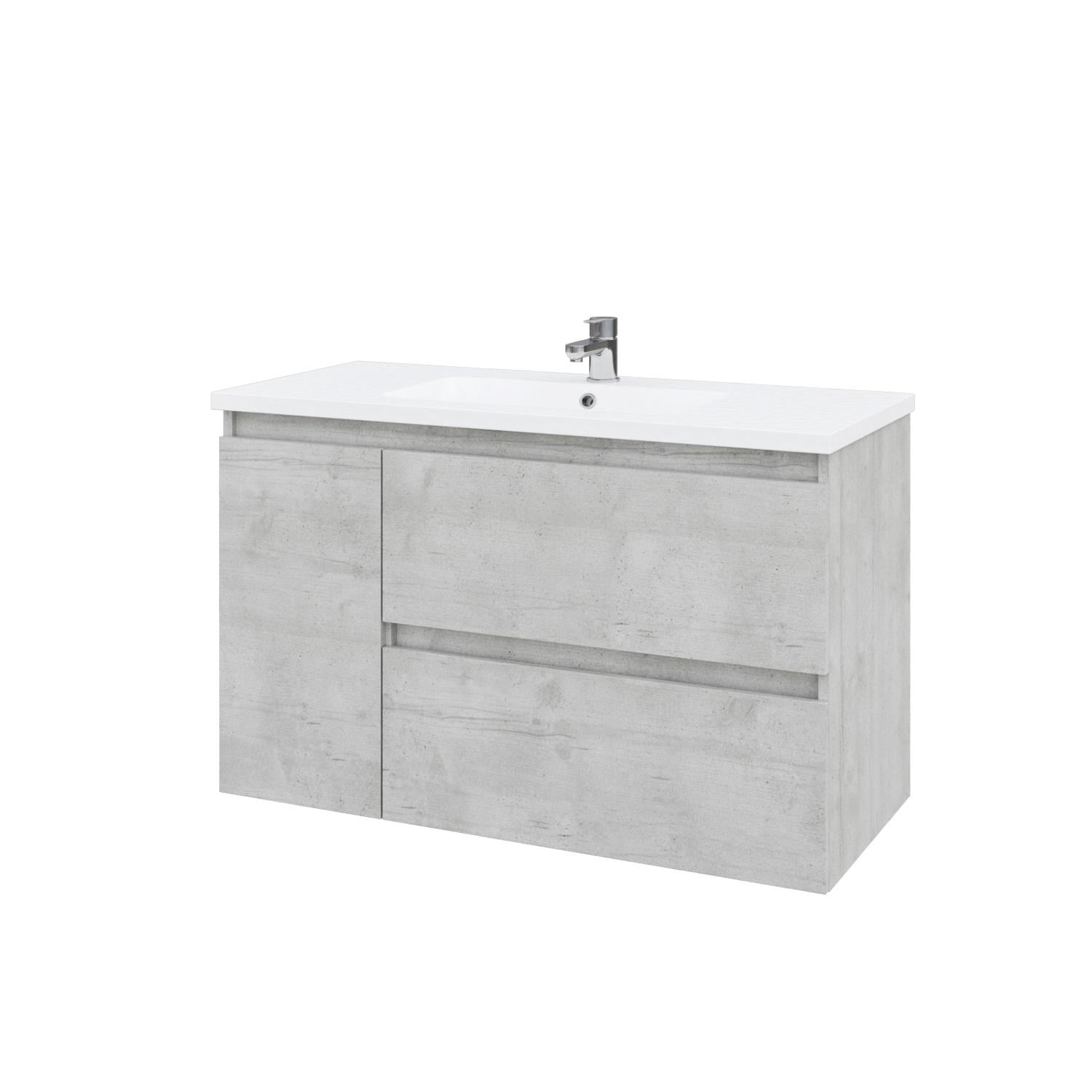 Тумба підвісна MEBLIBUD RENE 100 з 2-ма шухлядами з корзиною для білизни з умивальником Flat правостороння Моноліт 100 см