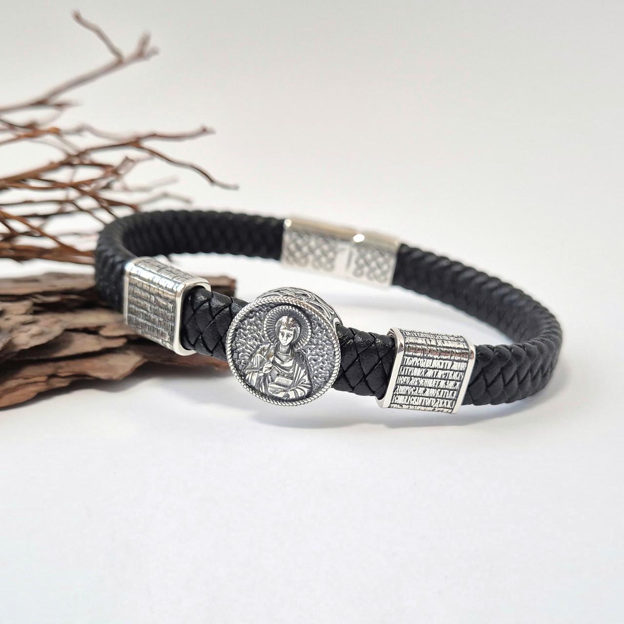 Браслет кожаный широкий с Александром Невским и молитвой серебро 925 пробы черненное 24,02 22 см (75332)