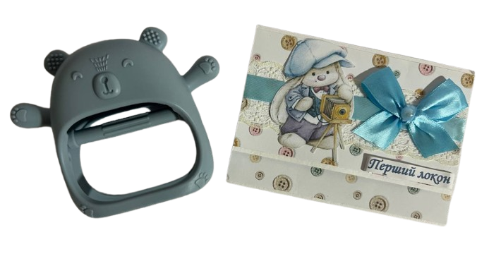 Набір листівка з відділенням Перший локон і гризунок для зубів на руку рукавичка Блакитний (1221)