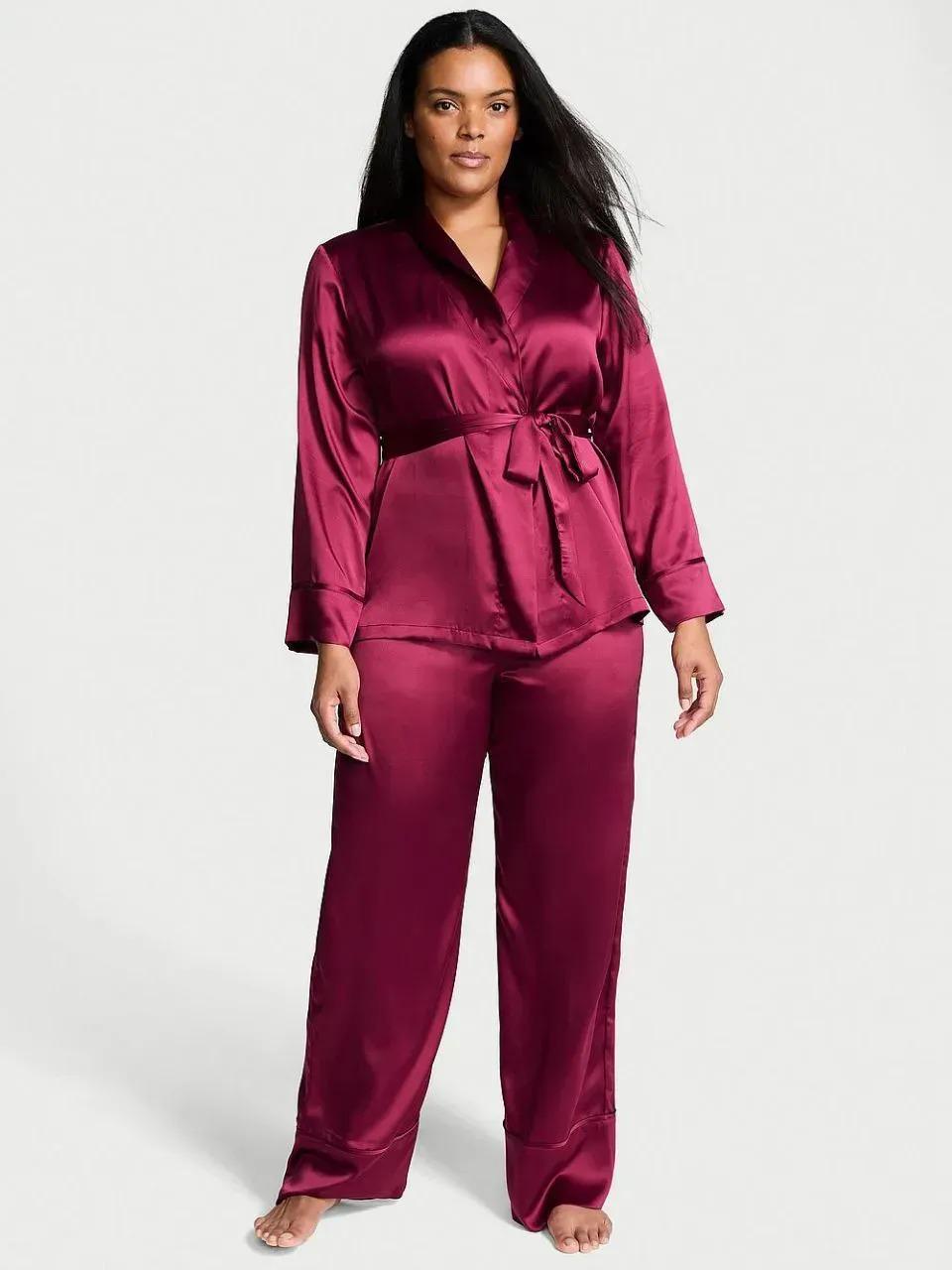 Піжама сатинова блуза/штани Victoria's Secret Dream Satin Wrap Top Long Pajama Set XL Бордовий (26811422D)