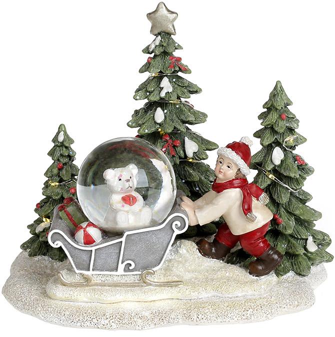 Новогодняя композиция Мальчик с санями с Led подсветкой 16х12,5х14,5 см (BD-890-133)