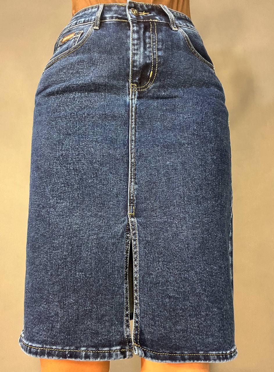 Юбка женская джинсовая Liana 269 большие размеры прямой крой средняя длина стрейчевая разрез впереди р. 31 Темно-синий (3591) - фото 5