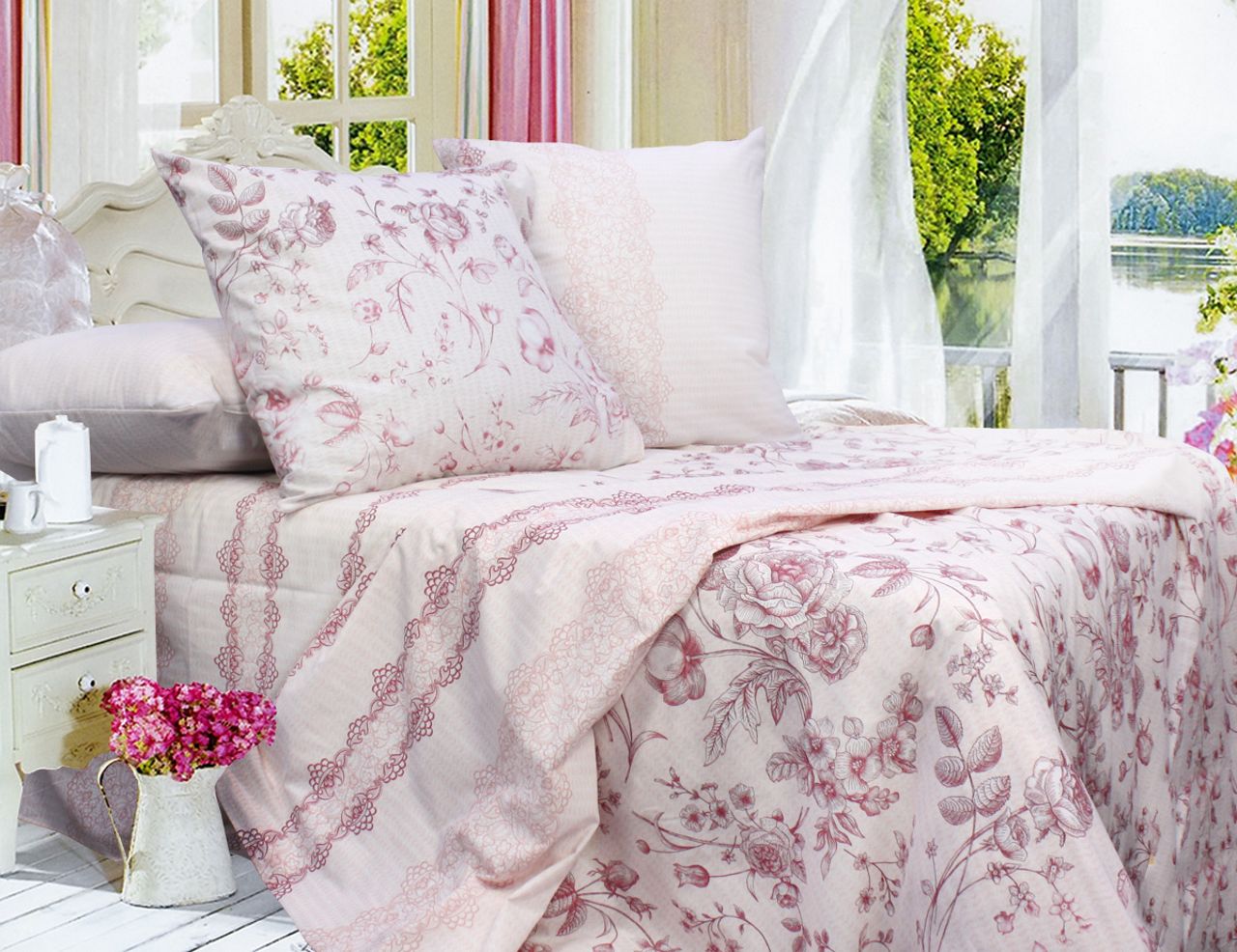 Комплект постельного белья евро Еней-плюс Т0692 Розовый/Бордовый