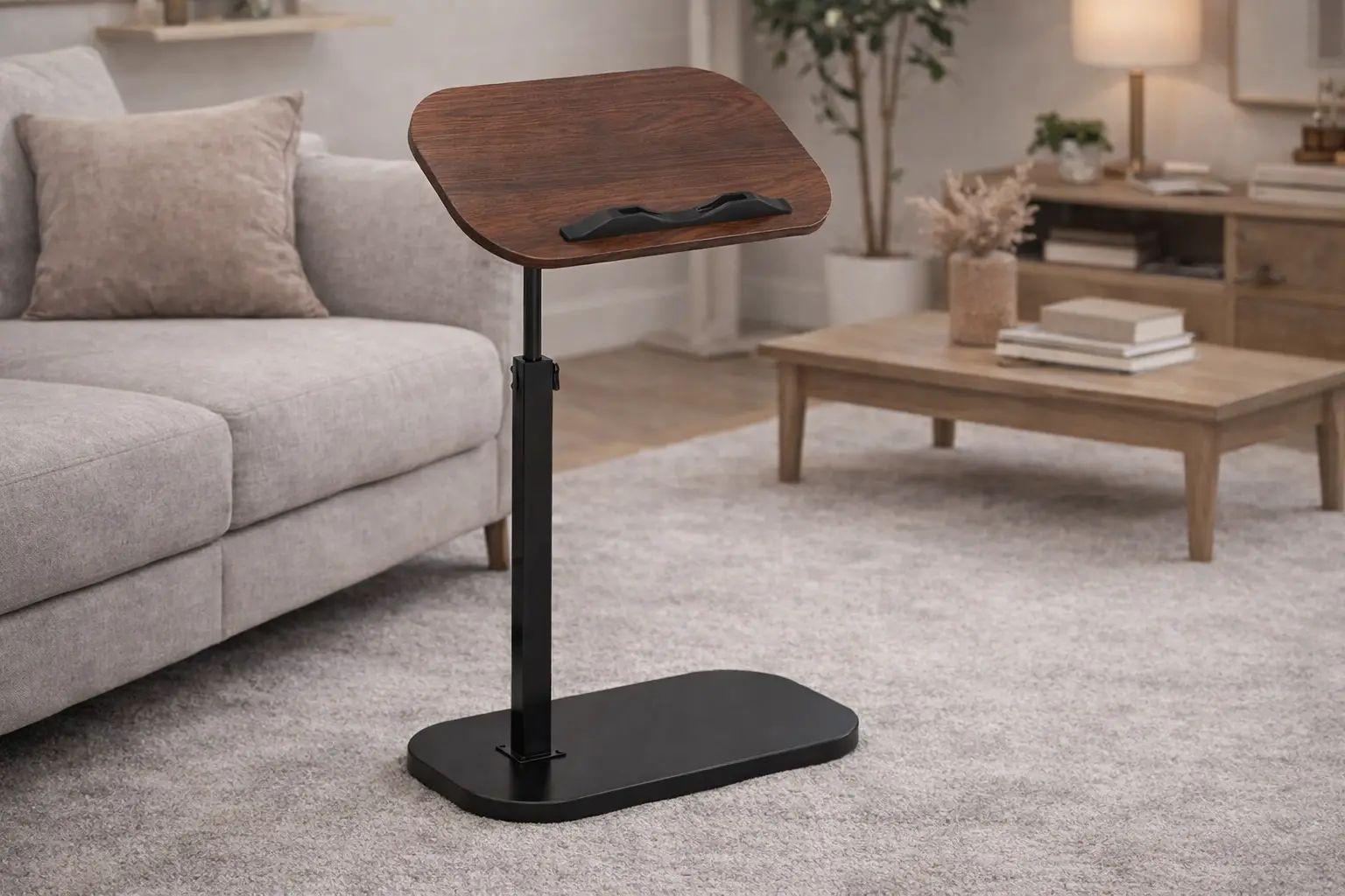 Журнальный столик овальный с регулировкой высоты и оборотом на 360° с МДФ 40х30х45-80 см Темное дерево (opt-106128)