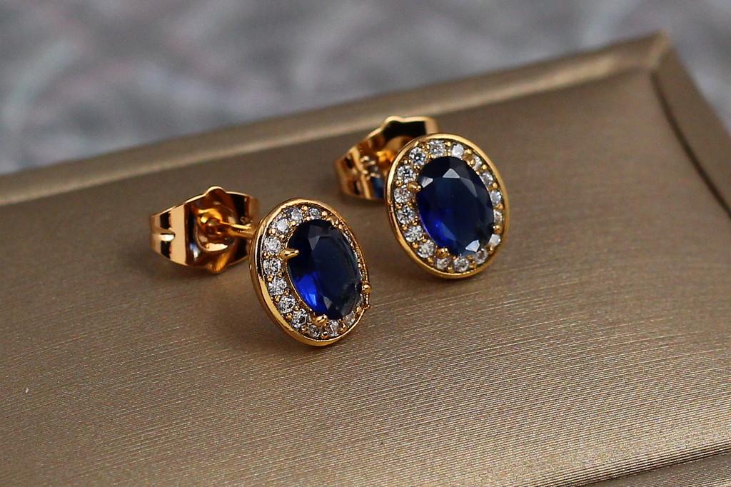 Серьги гвоздики Xuping Jewelry Овальные малинки с синими камнями 10 мм Золотистый