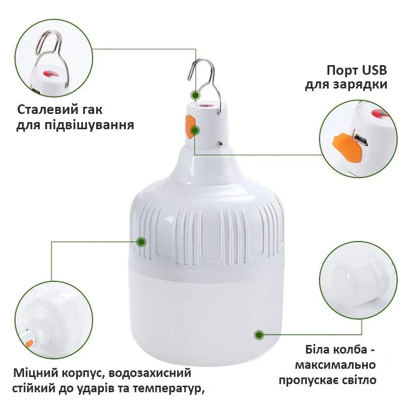 Ліхтарик для кемпінгу на гачку 30W акумуляторна із зарядкою micro USB (2891) - фото 3