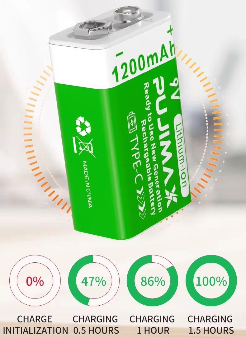 Акумулятор Крона Pujimax 6F22/6LR61 з Type-C Li-Ion 9V 1200 mAh (2575993158) - фото 4 Акумулятор Крона Pujimax 6F22/6LR61 з Type-C Li-Ion 9V 1200 mAh (2575993158) - фото 4