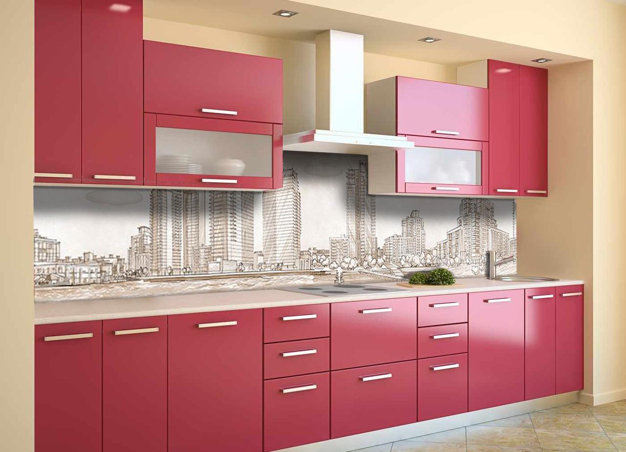 Кухонный фартук Нарисованные небоскребы город из самоклеющейся виниловой пленки 65х250 см Бежевый