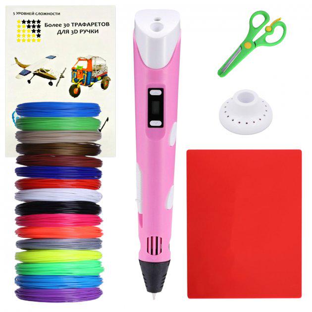 Стартовый набор 3D-ручка с трафаретами/доской/ножницами/100 м разноцветного пластика Розовый