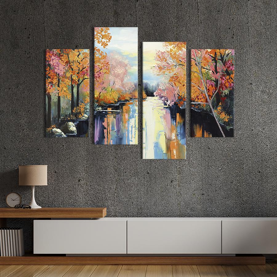 Модульная картина из четырех частей на холсте интерьерная картина Розовые и оранжевые осенние деревья 89x56 см (603-42)