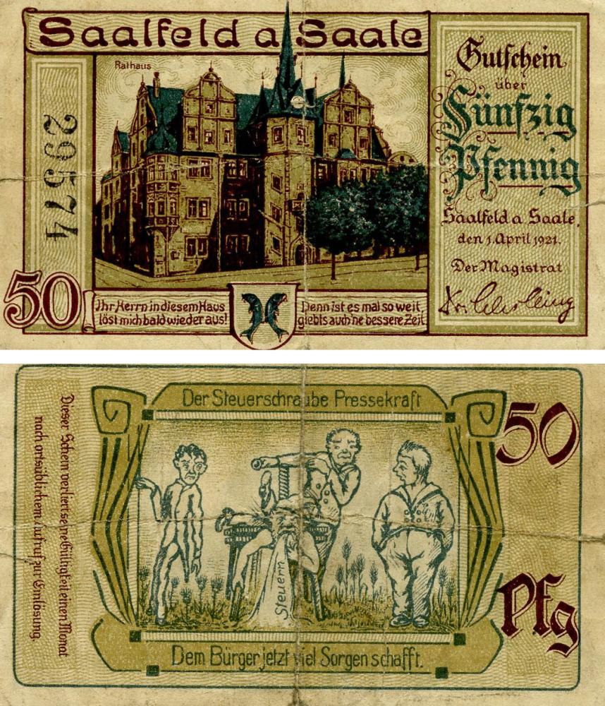 Колекційна банкнота Німеччина Нотгельд 50 пфеннігів 1921 F-VF Заальфельд (Б18671)