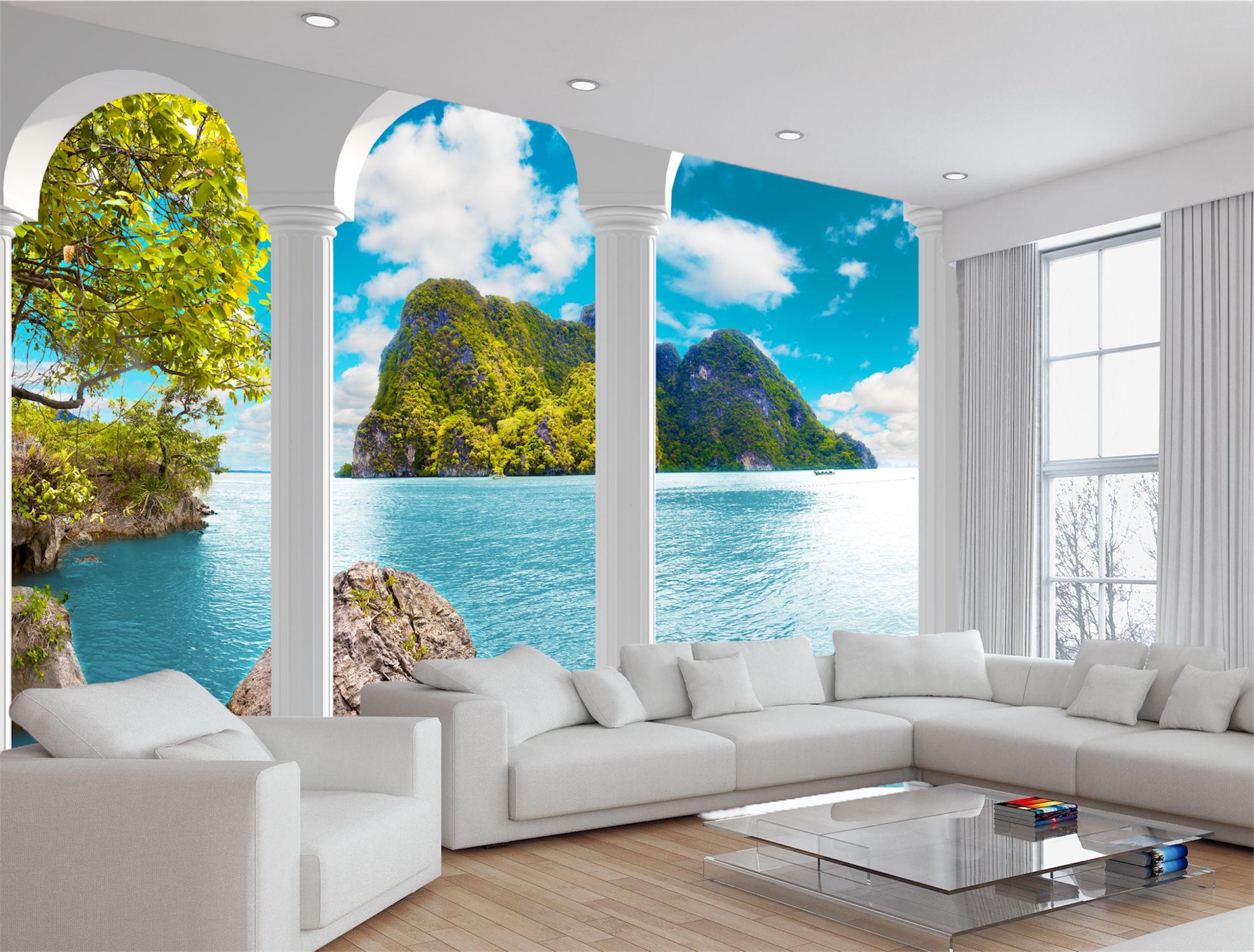 Фотообои флизелиновые в гостиную колонны и вид на море 3D 100х100 см (6011)