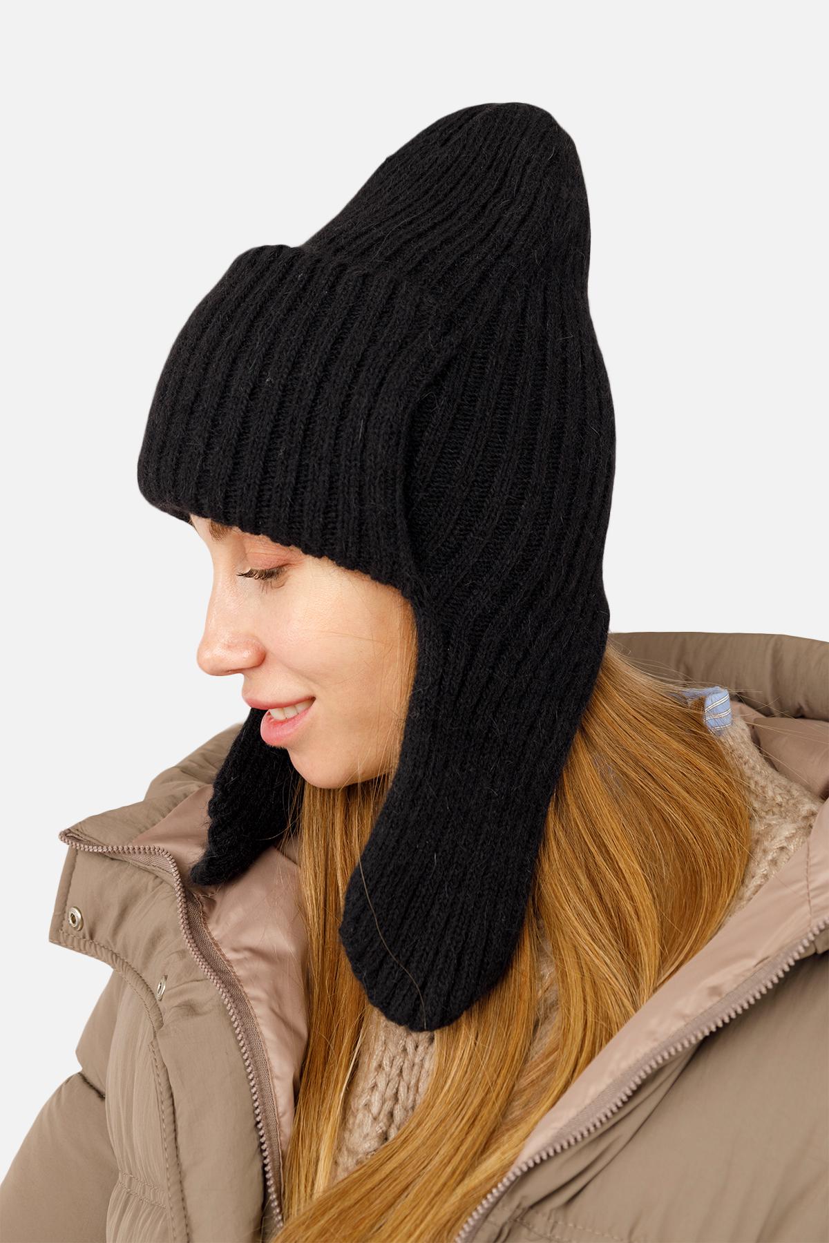 Шапка женская с отворотом и ушками 56-58 см Черный (ЦБ-00263303)