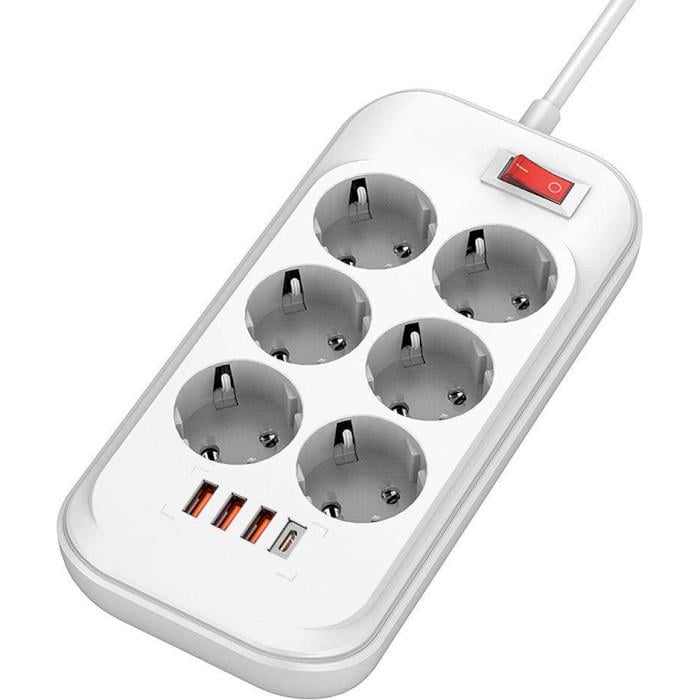 Мережевий фільтр ColorWay CW-CHE64PDW 6 розеток 1 USB-C PD 3 USB-A QC3.0 36W 2 м White (26075476)