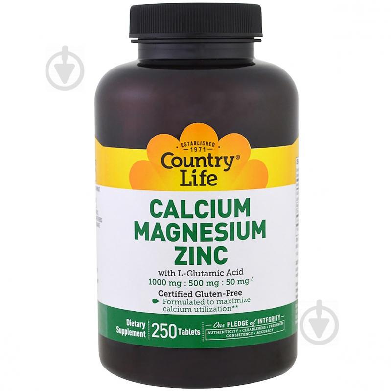 Кальций, Магний и Цинк с L-Глютамином, Calcium Magnesium Zync, Country Life, 250 таблеток