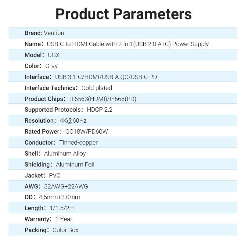 Кабель Vention Type-C-HDMI 4K 60Hz з Додатковим живленням Type-C + USB Thunderbolt 3 UHD USB-C HDCP 2.2 1,5 м Чорний (CGXBG) - фото 6