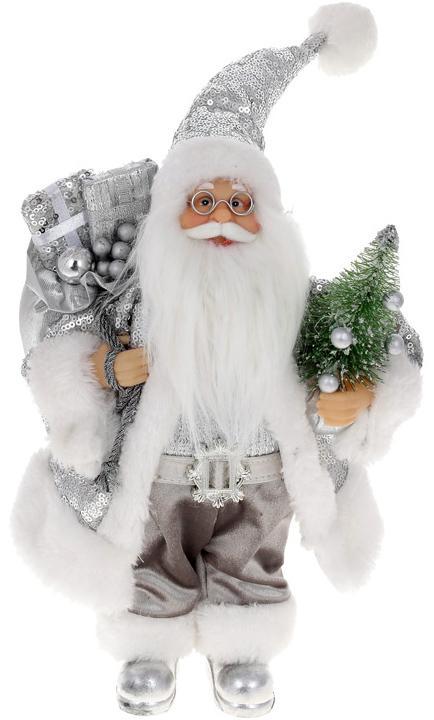 Фигура новогодняя Санта Клаус с подарками и елкой 30 см Серебристый с пайетками Фигура новогодняя Санта Клаус с подарками и елкой 30 см Серебристый с пайетками