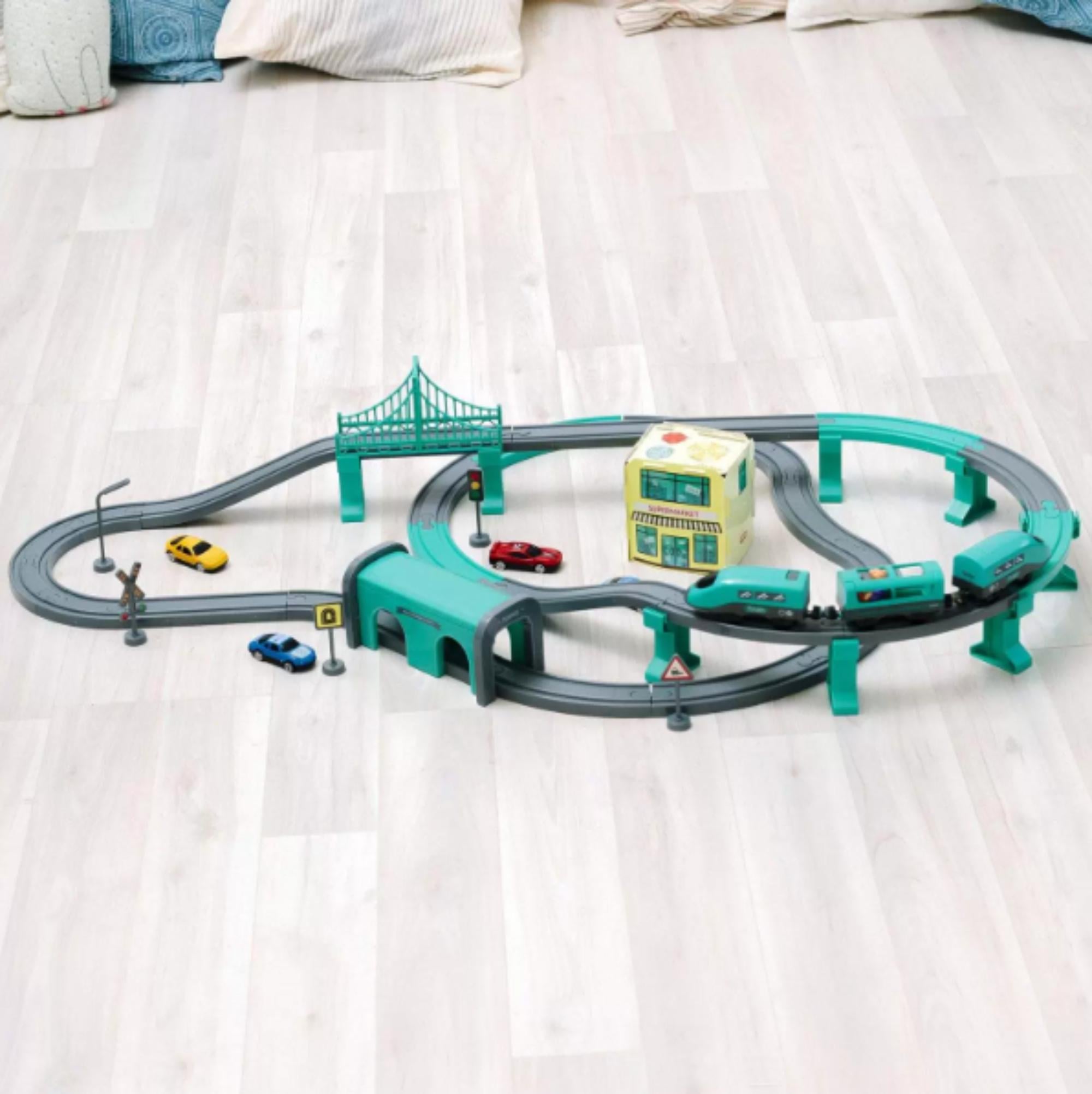 Электрическая железная дорога на батарейках игрушка 66 дет. Голубой (21531146)
