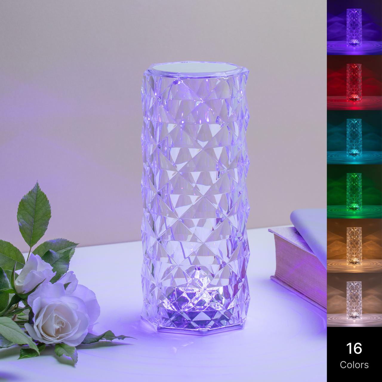 Ночник аккумуляторный Crystal Rose RGB-16 сенсорный светодиодный с пультом и аккумулятором USB Хрустальный (TL200001) - фото 2