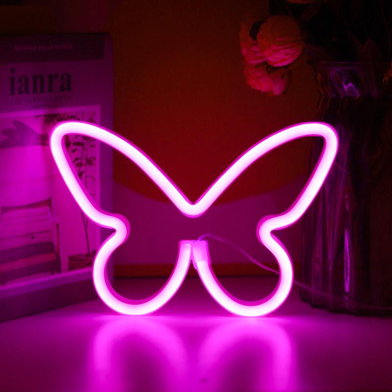 Неоновий світильник настінний декоративний Метелик на батарейках/USB 15,4х22,6 см Рожевий (2690130619)