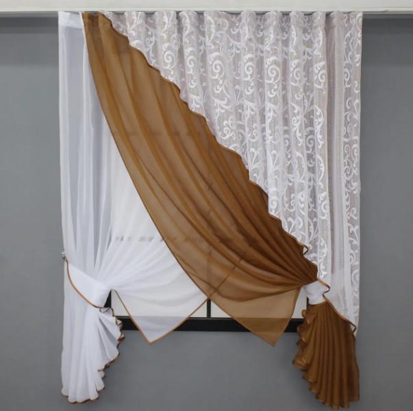 Комплект штор на кухню 300х170 см Білий/Коричневий (063к)