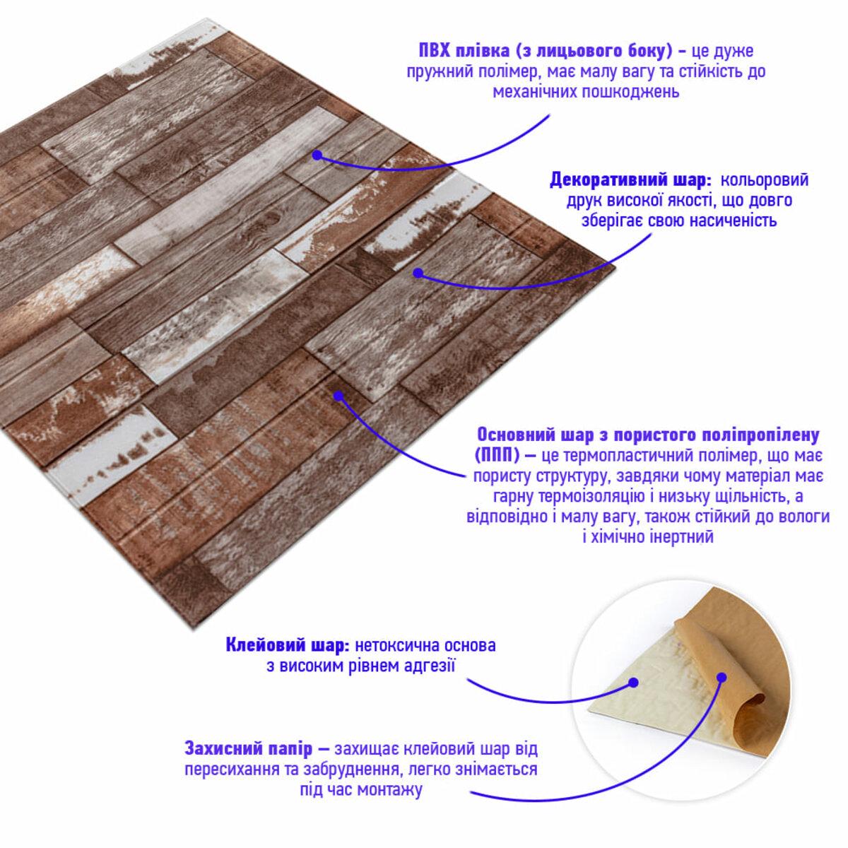 Панель самоклеящаяся декоративная 3D дерево 700x700x5 мм Коричневый (049 SW-00000152) - фото 2